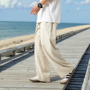 Cool Ice Silk Men's Summer Casual Pants 100% Cotton Lightweight Mid Loose Straight Solid Color Wrinkle-Resistant All-Match