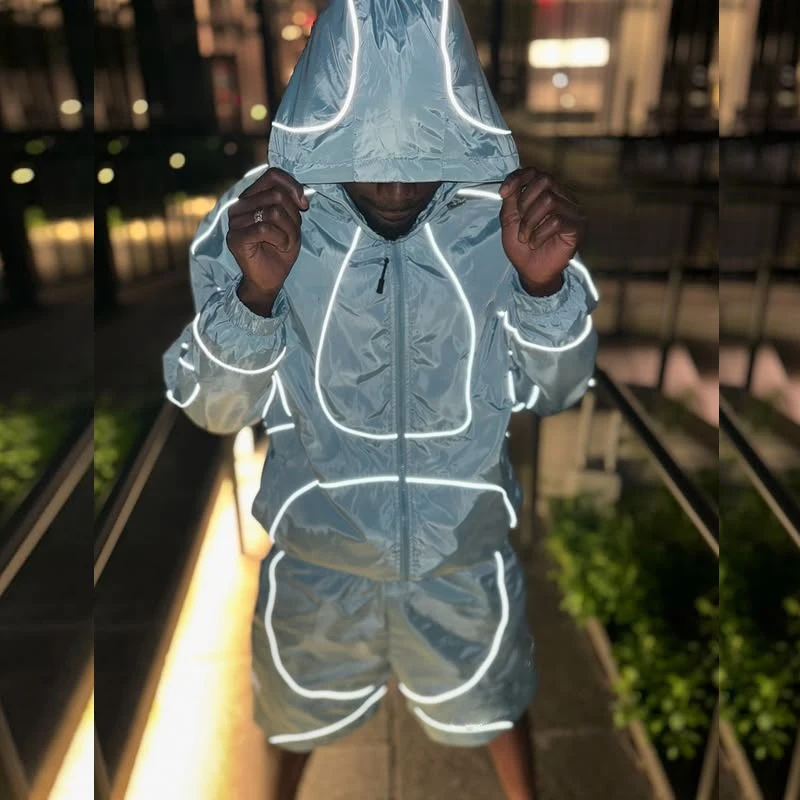 Custom Outdoors Sports Polyester Waterproof Zipper Reflective Windbreaker Nylon Track Suit Jacket at Shorts Set Lalaki
