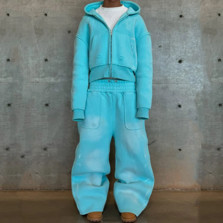 Streetwear Custom Printed Oversize Heavyweight Baggy Acid Wash Zip up Sweatpants and Hoodie Set Sweatsuit Tracksuit Men details