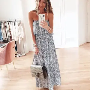 Women's Blue White Porcelain Floral Maxi Dress Summer Boho Casual Strapless Shoulder Loose Long Floor-Length Button Natural