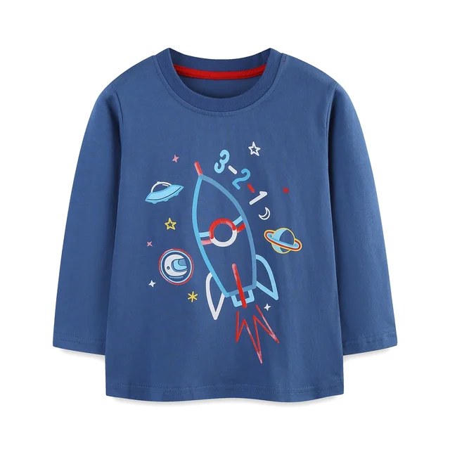 High Quality Wholesale Boys Casual Knitted Cotton T-Shirt 2-7Y Long Sleeve with Cartoon Rocket Print for Autumn