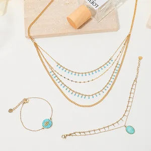 Classic High Quality Trendy Gold Plated Turquoise Luxury Stainless Steel Necklace Bracelet Jewelry Multilayer Choker Hot Sale