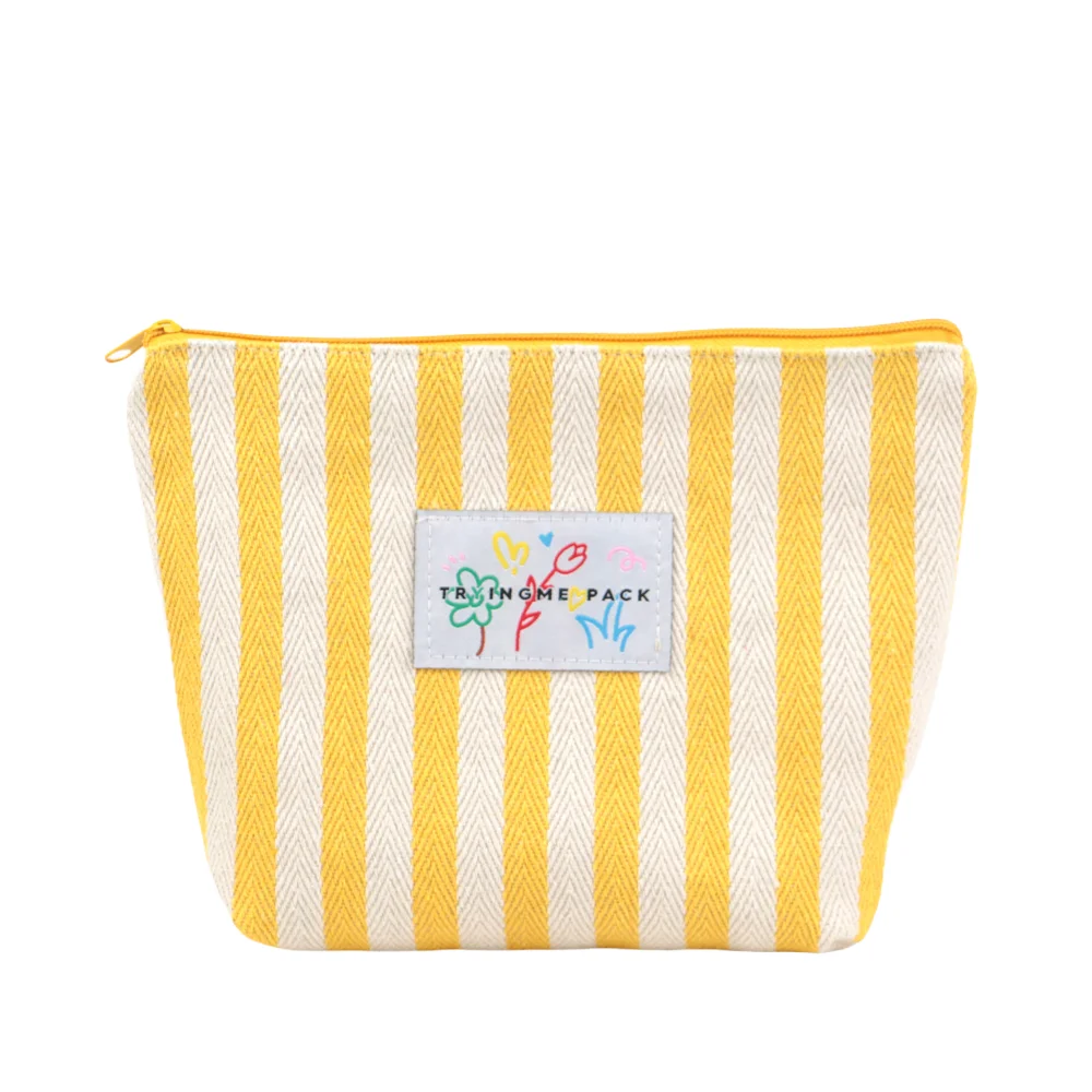 Luxury Eco-friendly Women's Travel Cosmetic Pouch Custom Logo Canvas Striped Cotton Fashion Style Portable Zipper Bag