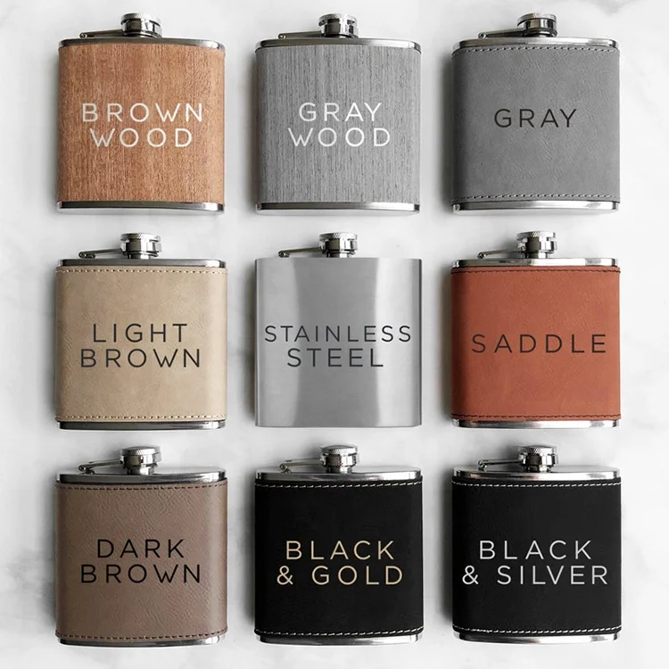 Print Logo Monogrammed Hip Flasks Leather 6oz Stainless Steel Hip Flask With Vegan Leather Cover