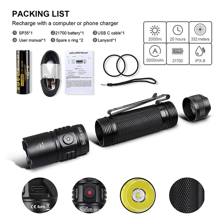 Torcia Tattica Ricaricabile 4000 Lumen – LED XHP50, 400m Di Gittata, USB-C, Impermeabile