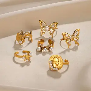 MW Vintage Stainless Steel with Imitation Pearl Stackable Shell/Butterfly Rings Nugget Rings for Open Ring Jewelry Women