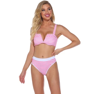 Custom Manufacturer Women Two Piece Striped High Waist Bikini Set Eco-Friendly Quick Dry Front Logo