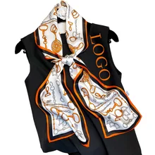 Custom LOGO design supplier Narrow bag large silk satin scarf digitally printing  women 150*15cm personalized