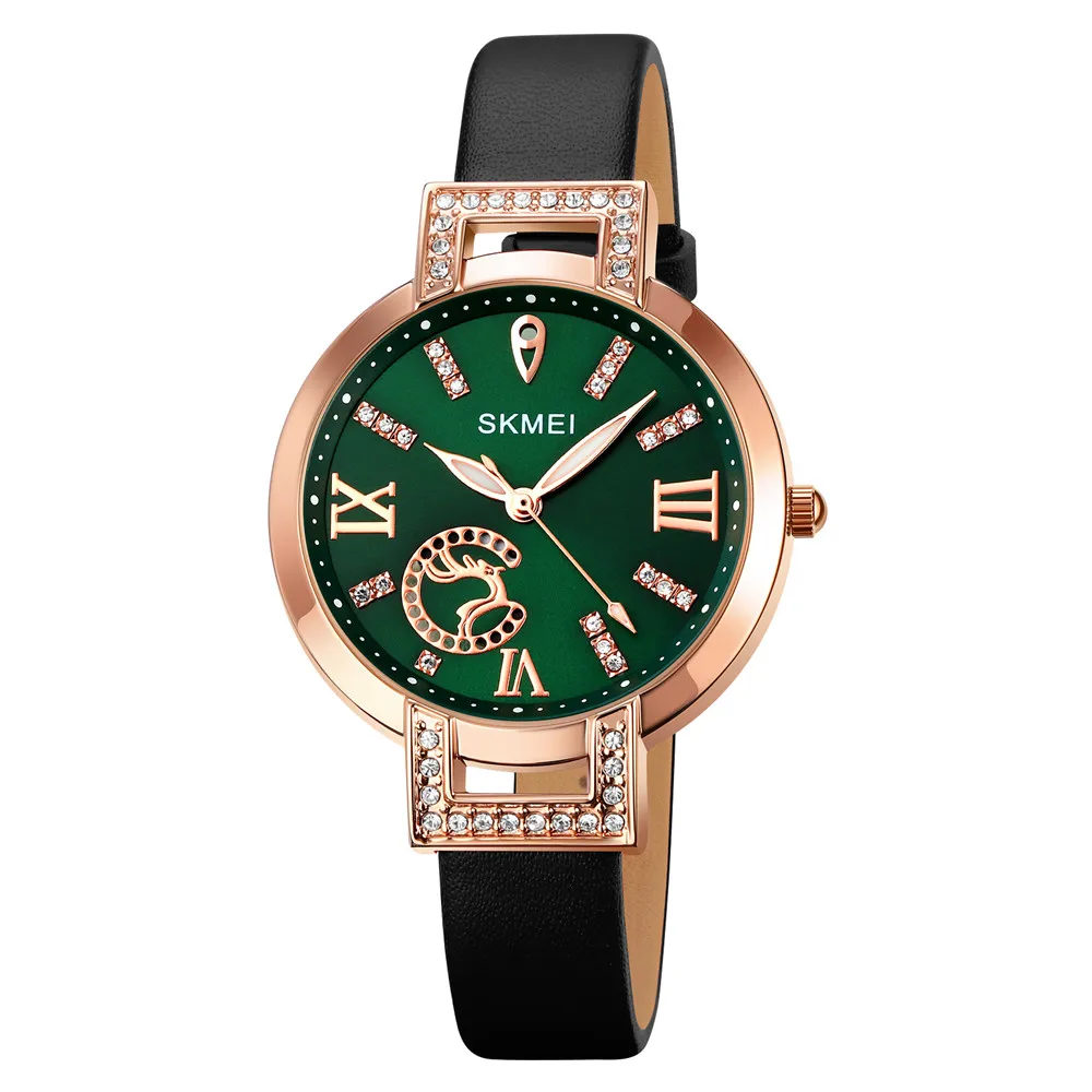 Elegant Skmei 1977 Leather Strap Women Wristwatch Jewelry Minimalist Quartz Watch for Ladies