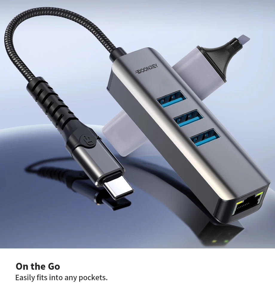 DOONJIEY USB 3.0 Aluminum Alloy Ethernet Adapter with 3-Port Type-C Gigabit Ethernet RJ45 Docking Station in Stock