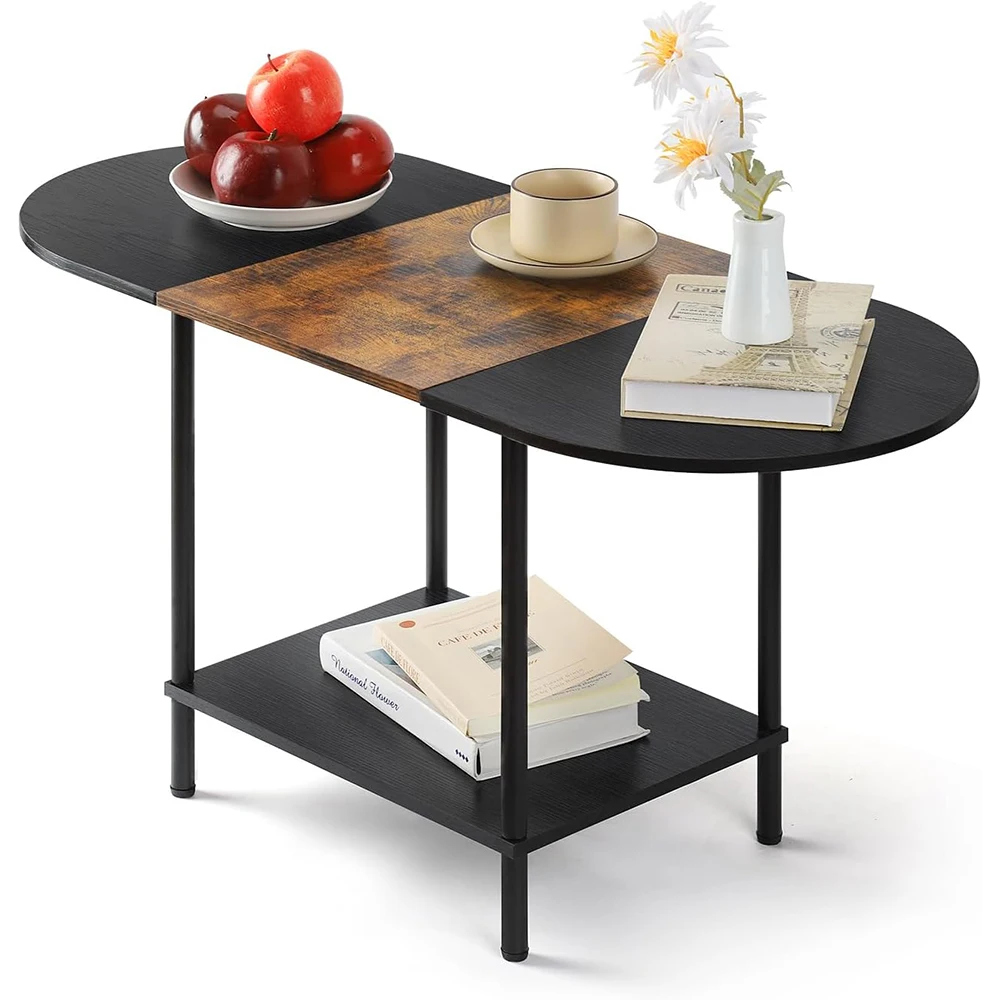 product nu deco 2 tier small oval coffee table storage shelf industrial modern style wood tabletop metal frame for living room home-0