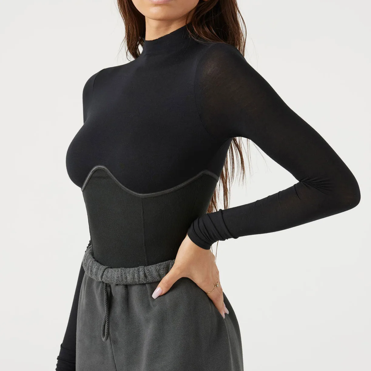Mittoshop Mock Neck Rib Knit Long Sleeve Crop Top