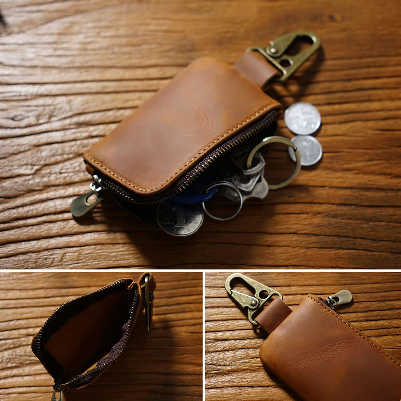 Genuine Leather Vintage Keychain Zip Type Holder Organizer Pouch Cowhide Car Wallet Housekeeper Key Case Mini Card Bag_voghion.com