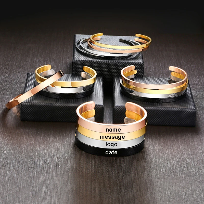 3mm 4mm 5mm 6mm Open Cuff Bangle PVD 18k Gold Plated Stainless