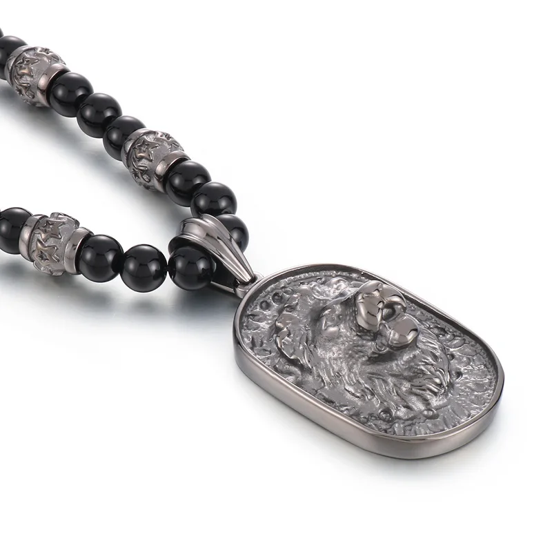 Kalen Domineering Stainless Steel Lion Pendant Men Jewelry 18K Pvd Gold Plated Black Bead Chain Long Necklace Jewelry Necklaces