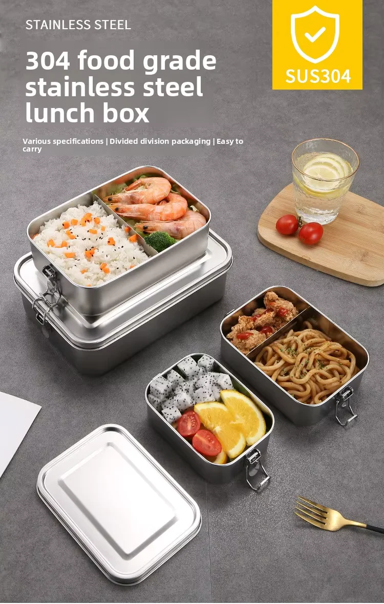 product custom thickened stainless steel lunch box single tier bento box with removable divider  double buckle lid for office students-1