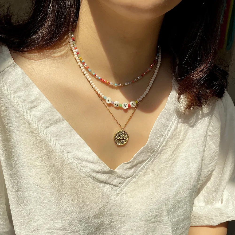 Bohemian Style 10 Kinds Star Shell Pearl Turquoise Charm Faceted Crystal Beads Choker Necklace Set for Women Girls
