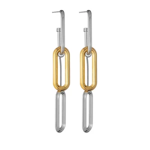 YUKAM Wholesale Stainless Steel Long Double Loop Pendant Drop Earrings Two Tone Oval Circle Dangle Link Chain Earrings for Women