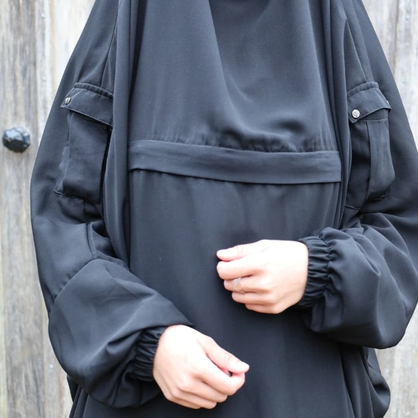 Islamic Modest Maternity 2-Piece for Jilbab Dress Black Nursing Zip Made of Polyester Wear for Muslims