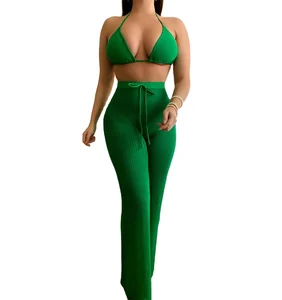 2026 New Women's Clothing Green Women Swimming Suit Swimwear 3 Piece Bikini Set With Beach Pants