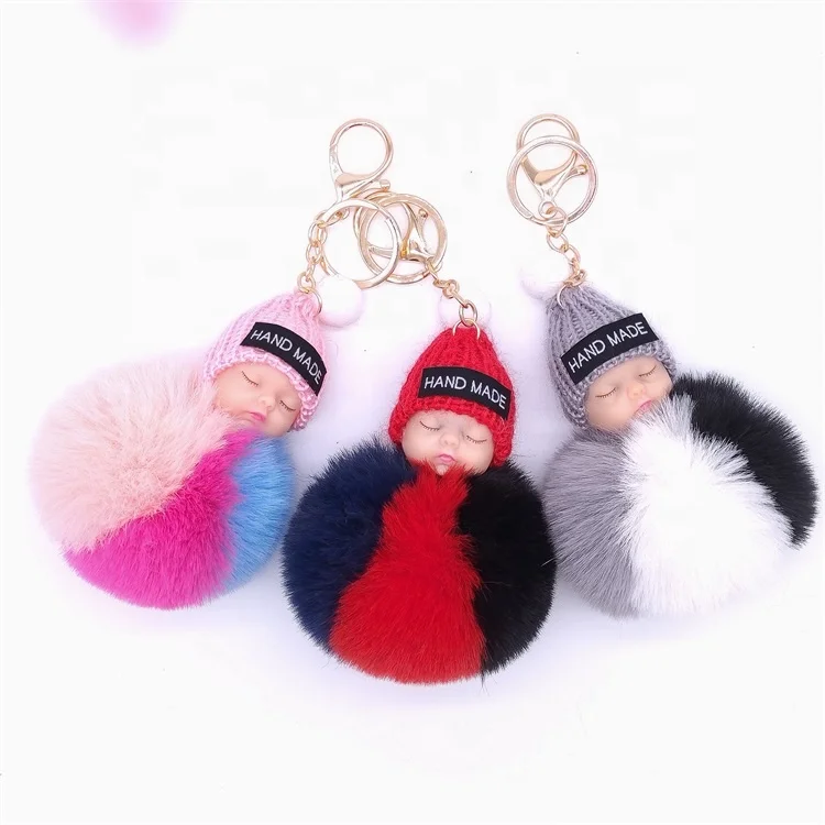 Sleeping Baby Knit Hat Doll Fluffy Pompom Keyring Keyfob for Handbag Gifts N7 