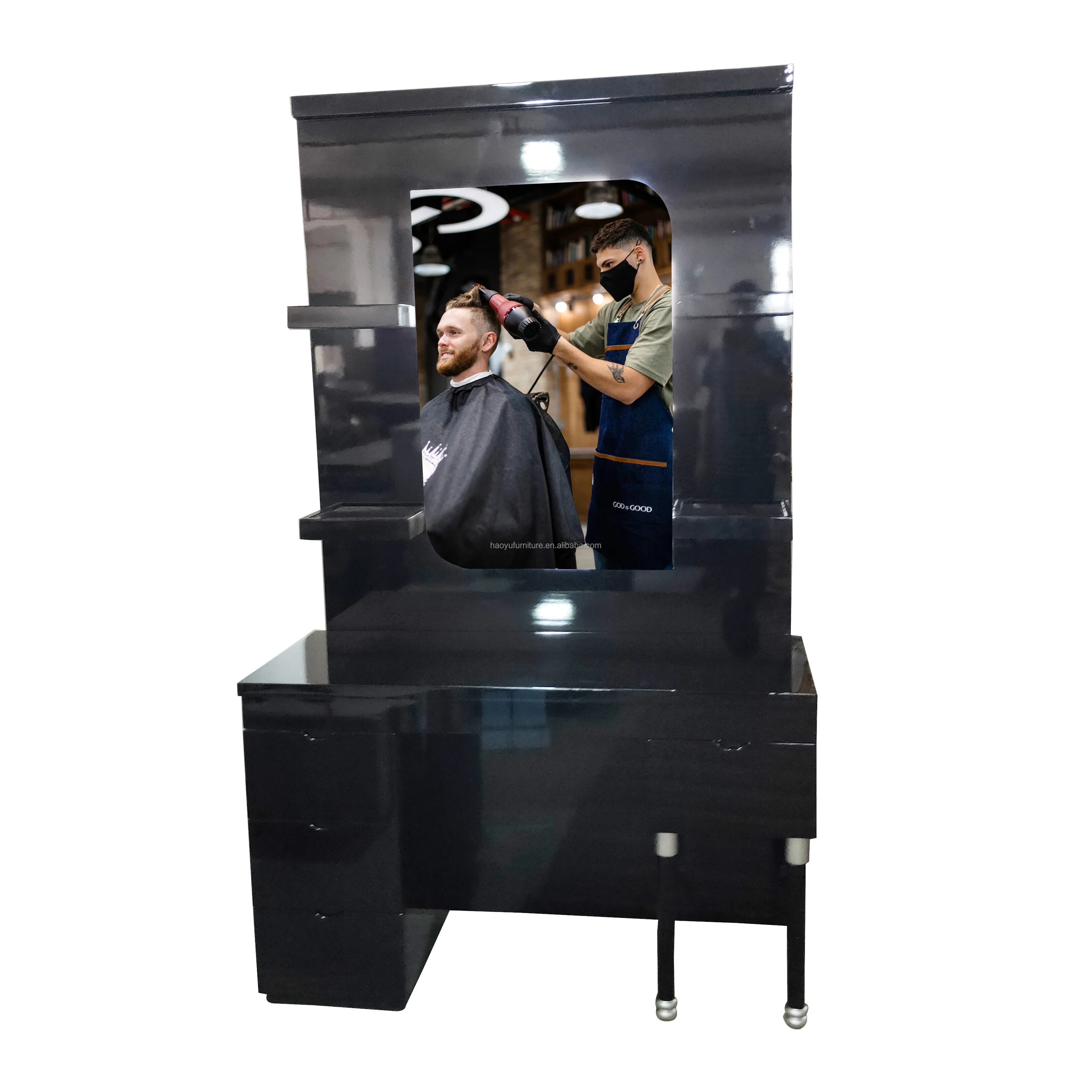 Newest Double Seat Barber Station With Mirror Black Barber Shop