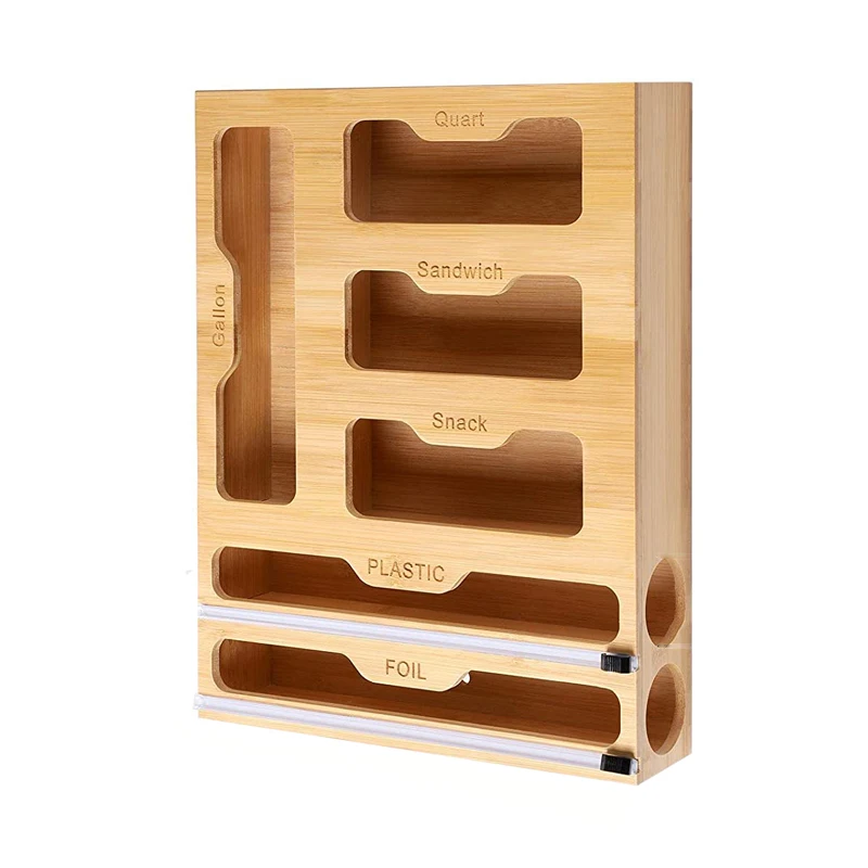 6 in 1 Bamboo Drawer Organizer Ziplock Bag Storage Box Plastic Wrap Dispenser with Cutter Suitable for Gallon, Quart, Sandwich