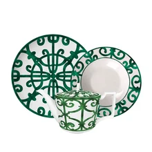 Hot Sale Luxury Vintage Plant Design European Wedding Style Dinnerware Set High-Grade Green Ceramic Plates Eco-Friendly
