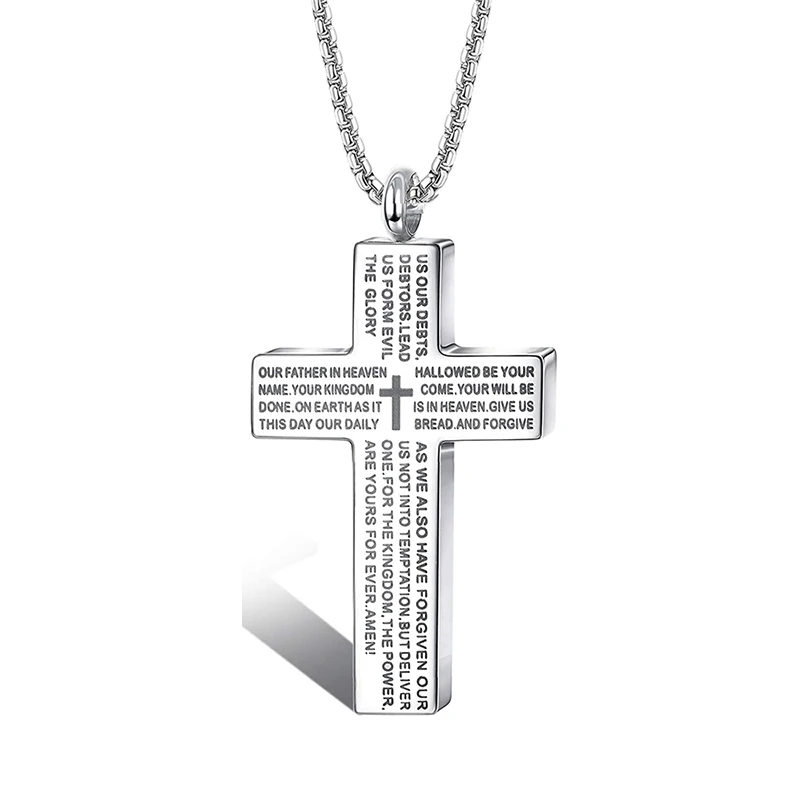 Cross Lords Prayer Pendant Necklace Stainless Steel In Black silver color Male Choker Cremation Urn jewelry for Memorial