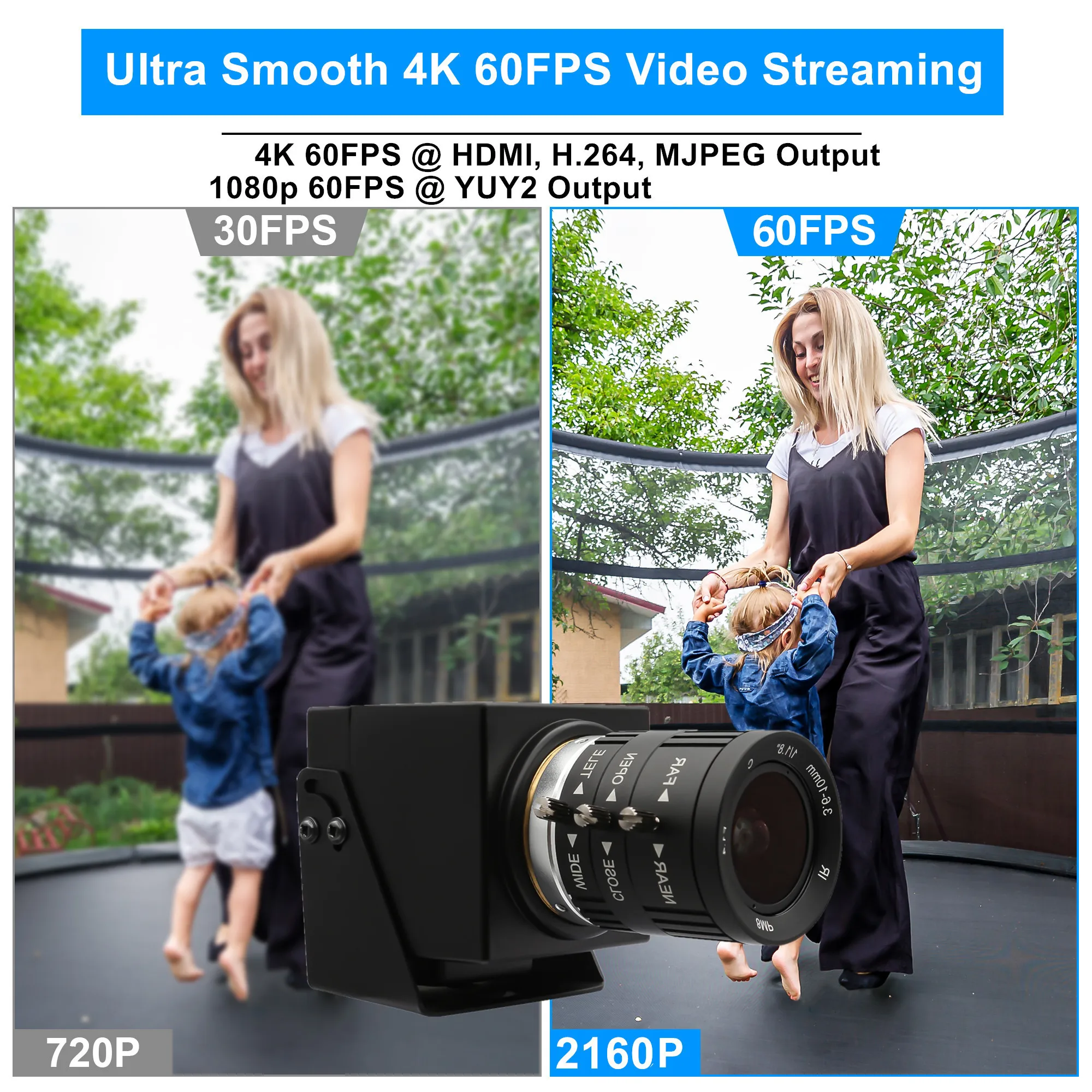 ELP Caméra USB 4K 60fps - Zoom Manuel 3,6-10 Mm 3X - Sortie HDMI USB Simultanée Pour PC, TV, Projecteur