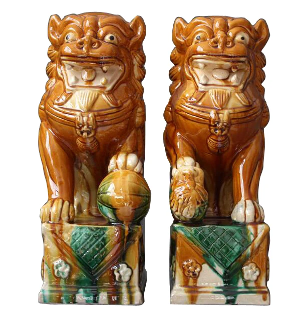 Pair Feng Shui Pottery Porcelain Lion Statue Evil Guardian Door Fu Foo Dog 