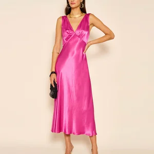 Manufacturer New Design Summer v Neck Sleeveless Elegant Long Dresses Custom Solid Color Women Plain Midi Satin Dress