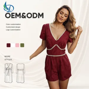 Women's Casual V-Neck  Jumpsuit with Lace Solid Color Skinny Fit Formal Summer Style Above Knee Length