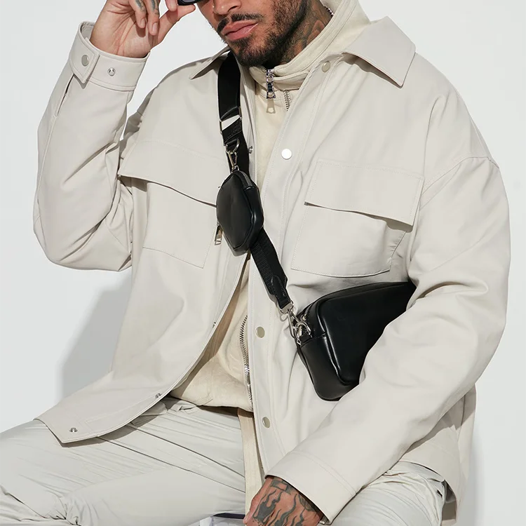 leather jacket Shacket Plus Size Leather Button Jacket Man_voghion.com