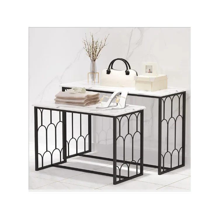 2 in 1 Limestone Nesting Table Laminated Wood Marble Style Display Natural Stone Nesting Table Leg Table of 2 Nesting Retail Set