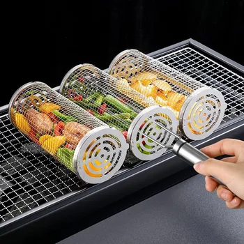productos en tendencia 2023 Round Food Grade Ss304 Bbq Barbecue Basket Cylinder Rolling Grilling Basket bbq smoker