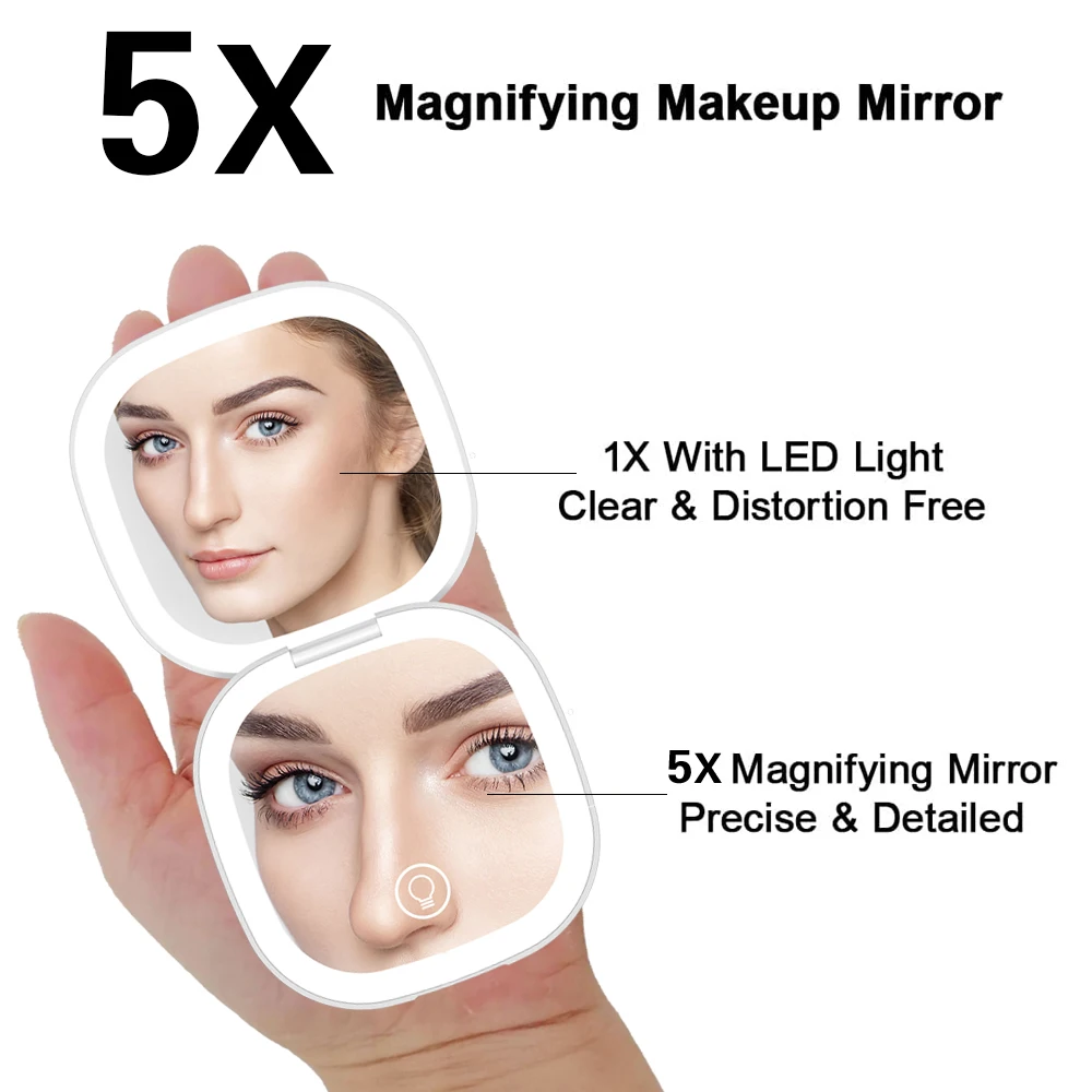 Mini Compact Led Makeup Mirror With Light 5x Magnifying Small Pocket ...