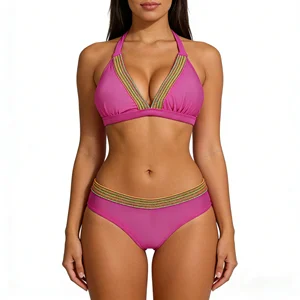 OEM Custom Women Sexy Bikini Set Pink Halter Top Bikinis Woven Belt Adjustable Straps V-Neck Top Swimwear for Women