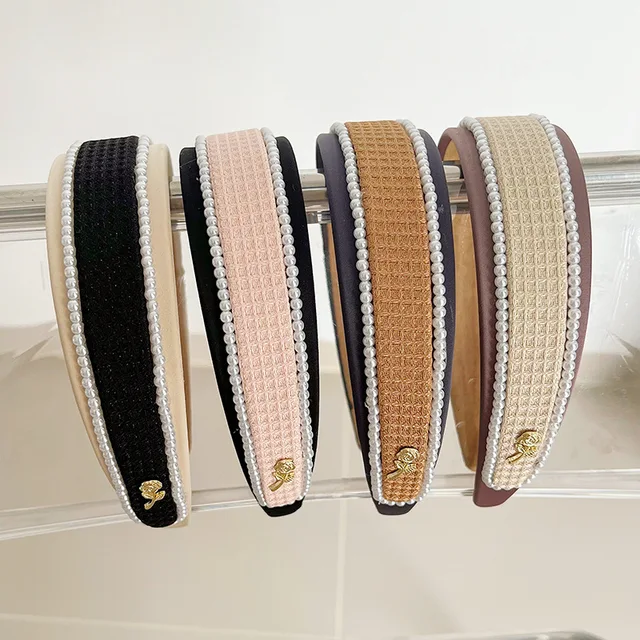 French Vintage Style Pearl Fabric Headband Simple Golden Rose Decorative Wide Hairbands Elegant Color Contrast Accessories Women
