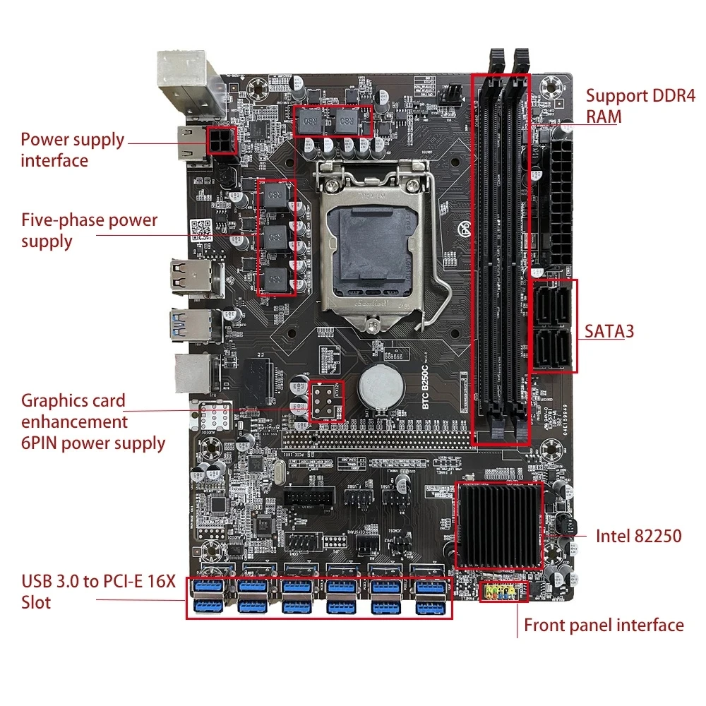 12 GPU Motherboard B250C USB3.0 to PCI-E 16X With 2 DDR4 DIMM Memory Slot LGA 1151 B250 Mainboard
