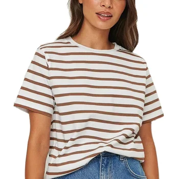 New Fashion Trend Loose Short-Sleeved Striped T-Shirt Spring Summer Collection Casual Knitted Fabric Cartoon Design All-Match