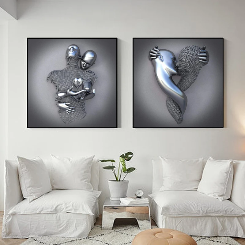 Abstract Metal and Sliver Figure Statue Canvas Paintings Modern Romantic Sculpture Poster Prints Wall Picture for Living Decor