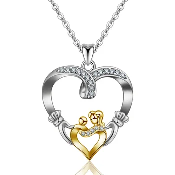 Women Mothers Day Gift 925 Sterling Silver Heart Shape Mother and Child Necklace