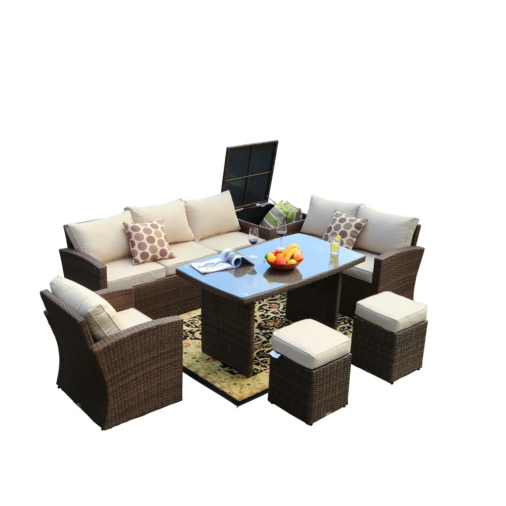 8 Seats Leisure Lifestyle Patio Wicker Furniture and Brown Rattan Garden Corner Sofa Set