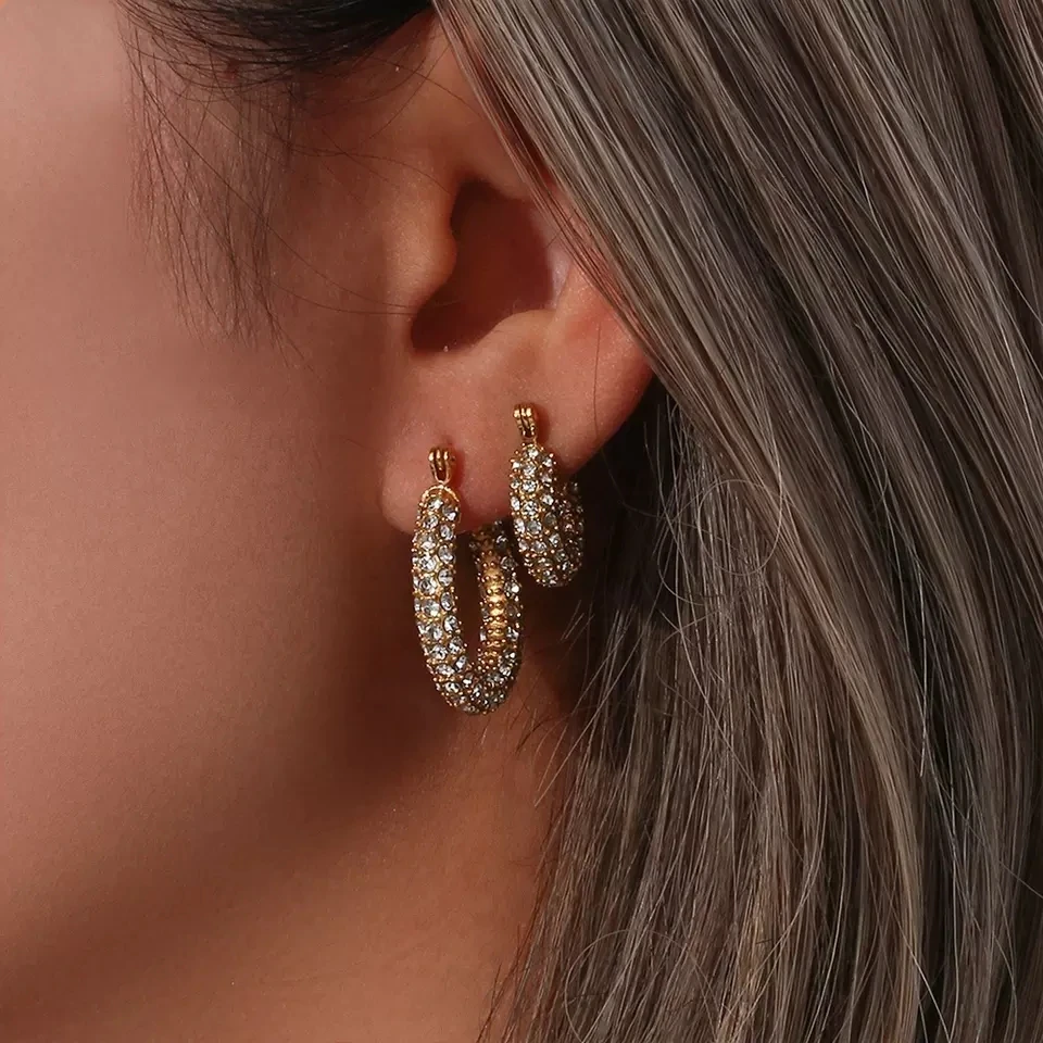Wholesale 18k Gold Plated Trendy Statement Large Bling Colorful CZ Diamond Huggie Hoop Earrings Stainless Steel Gift for Girls
