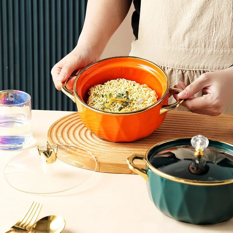 High Quality Porcelain Colorful Gold Rim Plating Ceramic Buffet Bowl Pot Tureens Cooking Soup Pot With Glass Lid