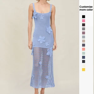 2026 Summer Flower Appliques Dress Women Sleeveless Sexy Backless Vacation Beach Stretch Crochet Dress