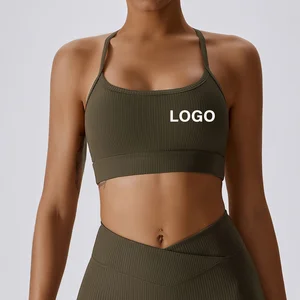 Sexy Women Supportive Soft Stretch Compression Halter Neck Ribbed Quick Dry Running Yoga Bra