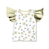 White Base Light Green Ruffle Sleeve Simple Daisy Print T-shirt