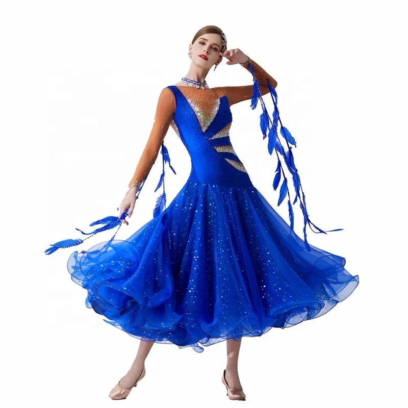 modern dance dress Feathers Navy Blue Latin while large floral appliques adorn the waist and back of this piece for a more feminine touch Contemporary flowy women dress